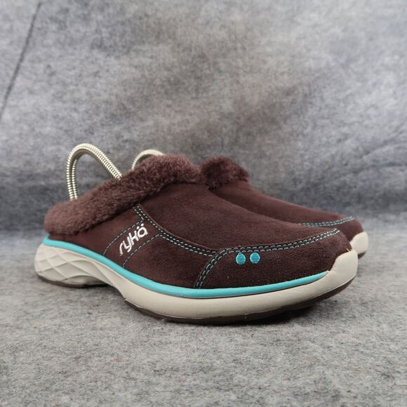 Ryka Shoes Womens 6 Clog Sneaker Slip On Luxury Leather Faux Fur Mule Brown Logo - Picture 1 of 13